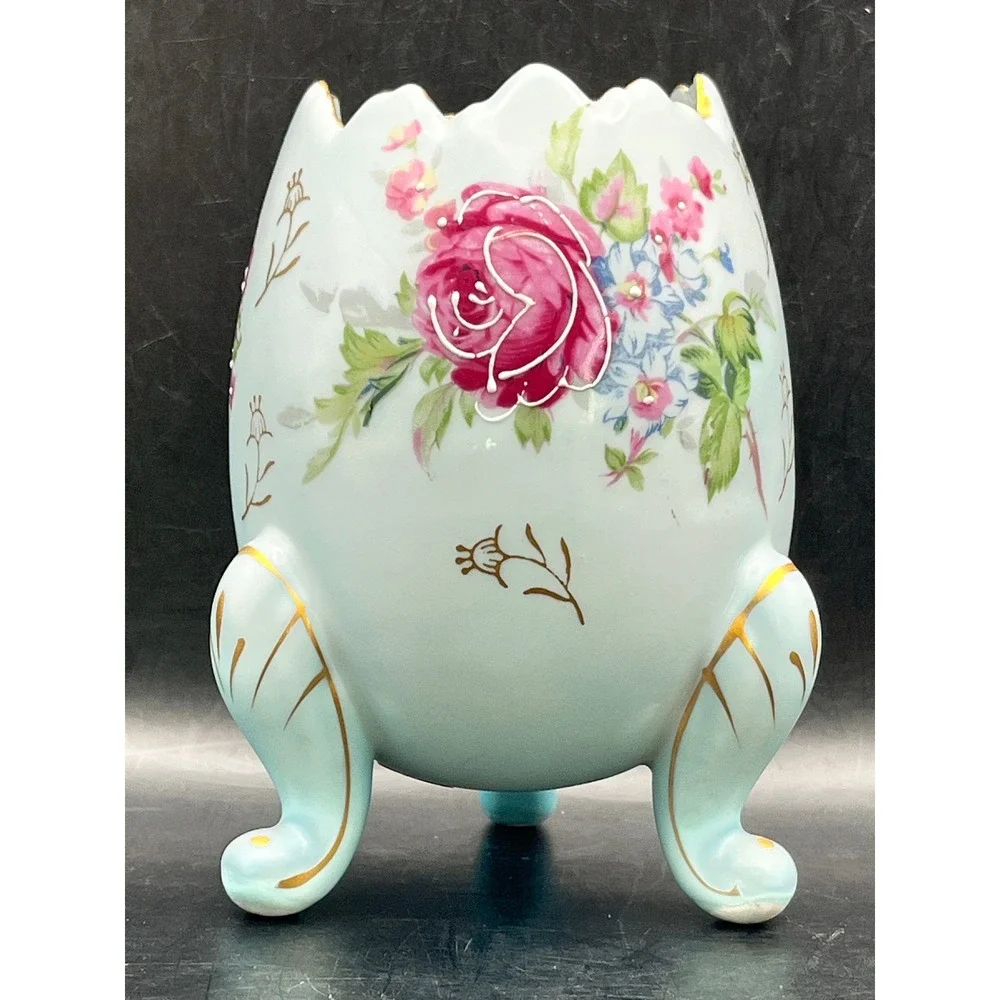 Vtg Napcoware Hand Painted Light Blue Footed Egg Vase‎ Japan 3199/M Rose 5